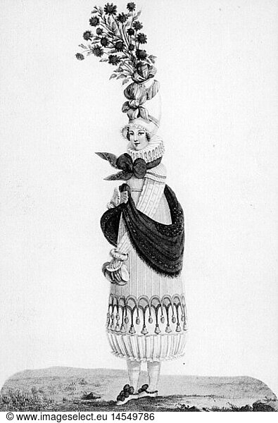 fashion  19th century  woman in dress with ultralarge hat  engraving  early 19th century  19th century  graphic  graphics  caricature  caricatures  humor  humour  satire  ladies' fashion  clothes  outfit  outfits  dress  dresses  accessory  accessories  headpiece  headpieces  hat  hats  ornament  ornaments  flowers  flower  extravagance  extravagances  extravagant  fashion for women  women's clothing  historic  historical  woman  women  female  people