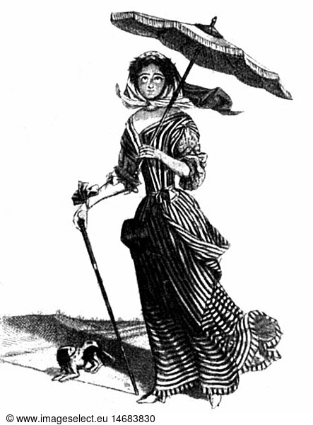 fashion  19th century  woman out for a walk with shade  after an engraving  19th century  19th century  graphic  graphics  clothes  outfit  outfits  ladies' fashion  dress  dresses  headpiece  headpieces  headscarf  headscarves  accessory  accessories  parasol  shade  shades  full length  standing  fashion for women  women's clothing  canes  cane  dog  dogs  walk  woman  women  historic  historical  woman  women  female  people