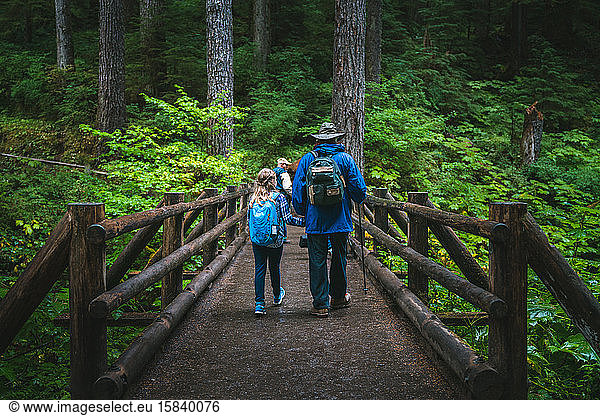 Father and daughter holding hands walking across bridge in forest