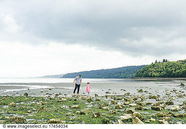 Father and daughter playing together on a rocky beach in Seattle  WA