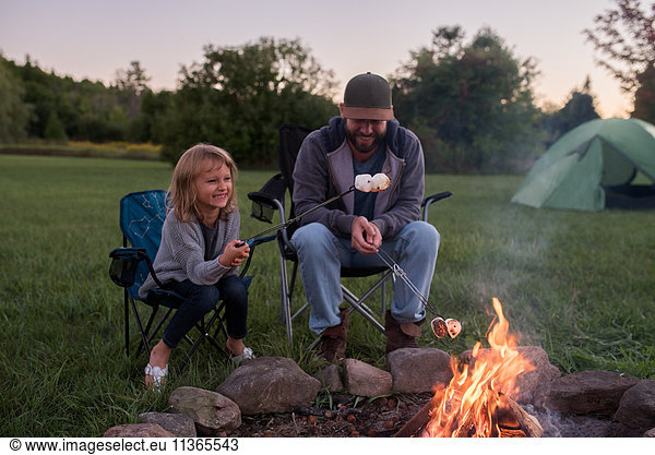 Father and daughter sitting beside campfire  toasting marshmallows over fire