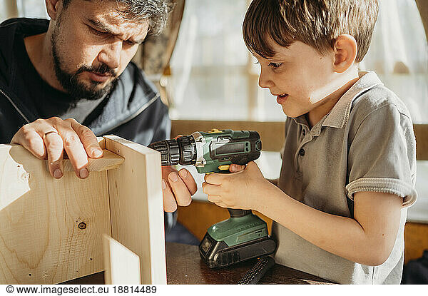 Father and son building up birdhouse at home