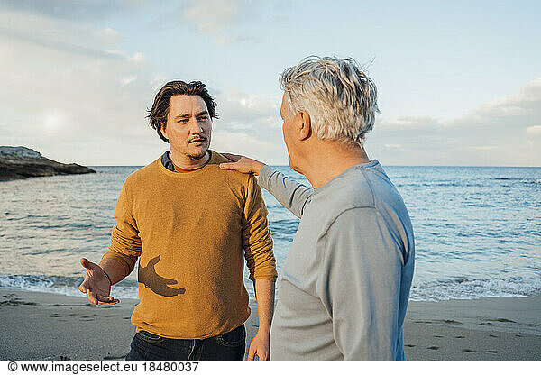 Father and son having discussion at beach