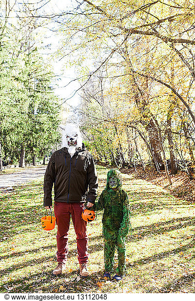 Father and son wearing Halloween costumes at park
