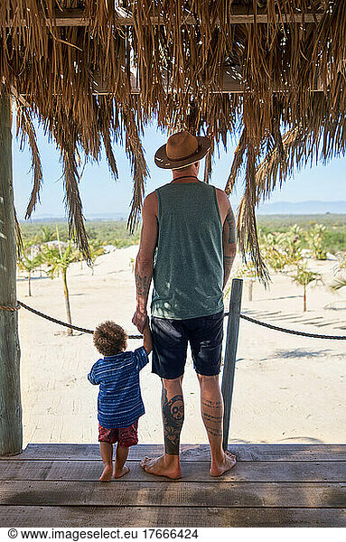 Father and toddler son holding hands in summer beach hut