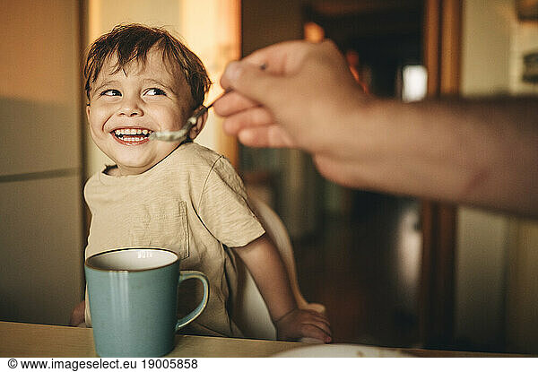 Father feeding breakfast to laughing son at home
