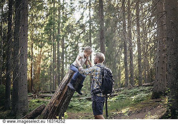 Father holding daughter over log in forest