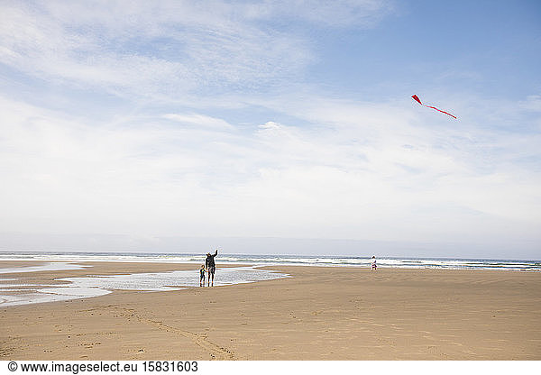 Father teaching son how to fly a kite at the beach.