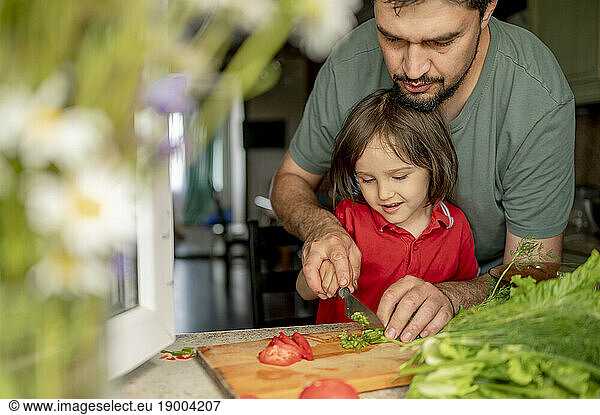 Father teaching son to cut vegetables at home