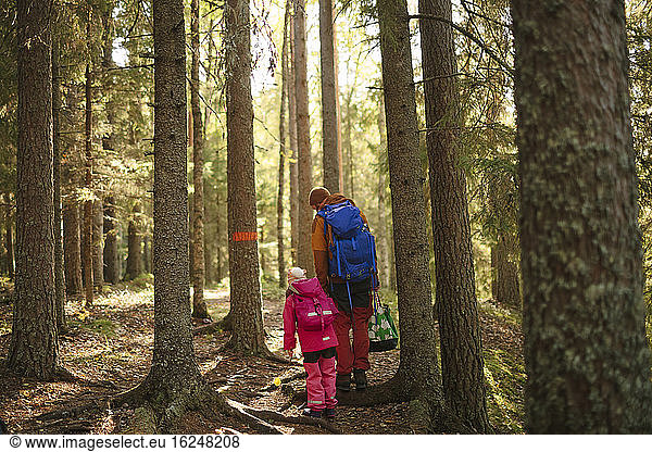 Father with daughter walking through forest