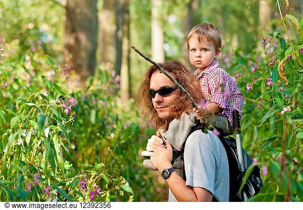 Father with Son on Shoulders in Forest in RIver Sieg wetlands  Germany lush with tall jewelweed.