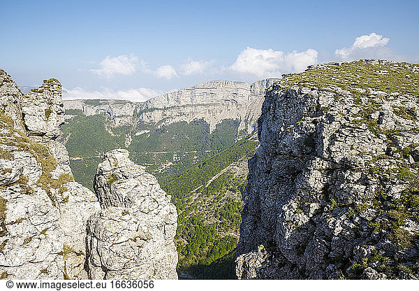 Fault in the cliff of the plateau of Font d'Urle  in the background the cliffs of the mountain of Ambe. Vercors Regional Natural Park  France