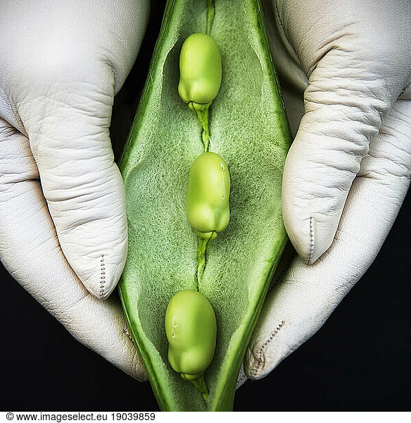Fava beans (Vicia fabaL.) held open in their pod by gloved hands.