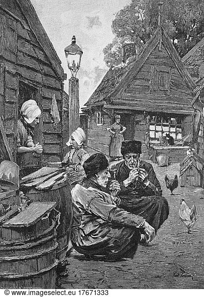Feierabend in Holland  Männer rauchen nach der Arbeit Pfeife  Bauernhof  ca 1898  Historisch  digitale Reproduktion einer Originalvorlage aus dem 19. Jahrhundert  Originaldatum nicht bekannt