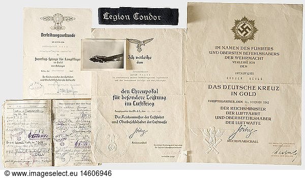 Feldwebel Rudolf Weiss  decorations and award documents of the bomber crewman in KG 53 'Legion Condor' Iron Cross 2nd Class of 1939 and award document dated 20 April 1941 with original signature of General der Flieger Loerzer. Iron Cross 1st Class of 1939  worn  slightly vaulted issue  maker '26' historic  historical  1930s  20th century  Air Force  branch of service  branches of service  armed service  armed services  military  militaria  air forces  object  objects  stills  clipping  clippings  cut out  cut-out  cut-outs