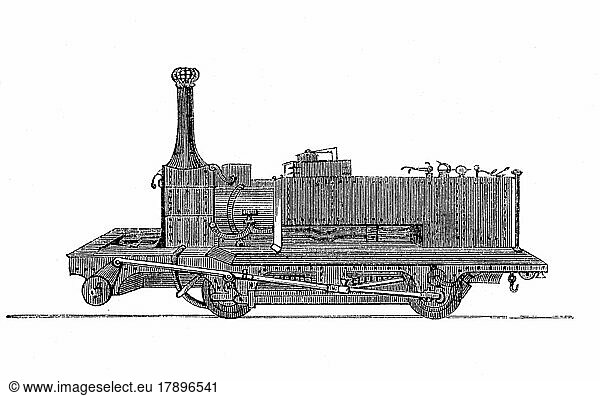 Fell locomotive  a type of locomotive in which two additional friction wheels acting horizontally on a centre rail increase the transmissible tractive force  1868  France  Historic  digitally restored reproduction of an original 19th century model  exact original date unknown  Europe