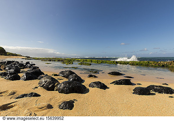 Felsen am Ho'okipa Beach und eine Welle  die gegen mit Seegras bewachsene Felsen entlang der Küste bei Paia schlägt  mit Windsurfern im Hintergrund; Maui  Hawaii  Vereinigte Staaten von Amerika