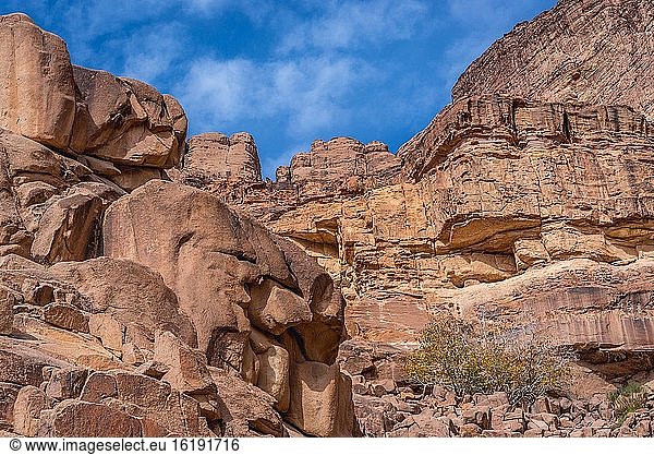 Felsen um die Lawrence-Quelle im Wadi Rum-Tal  auch Tal des Mondes genannt  in Jordanien.