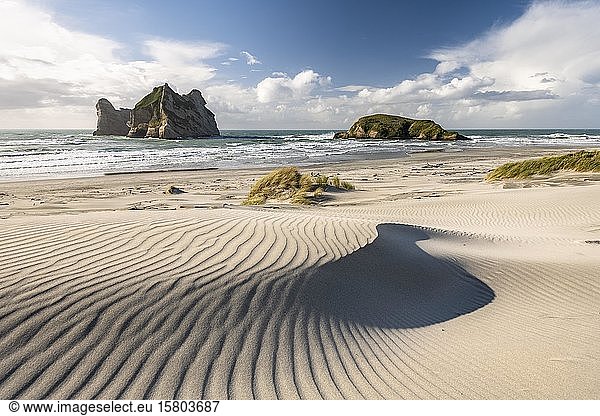 Felseninsel am Strand von Wharariki  Wharariki Beach  Golden Bay  Südland  Neuseeland  Ozeanien
