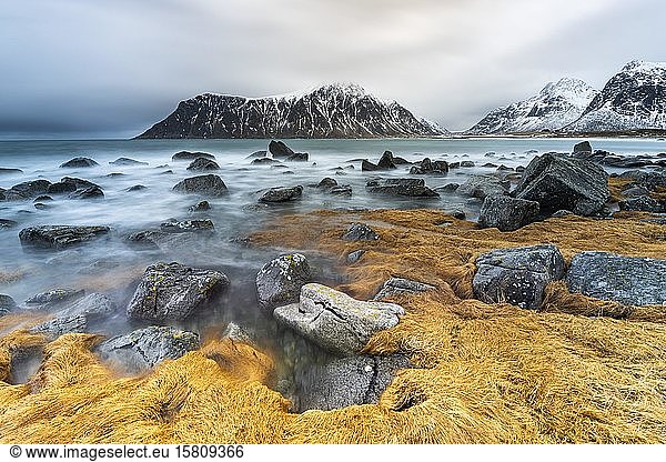 Felsenküste  Skagsanden Strand  Lofoten  Norwegen  Europa