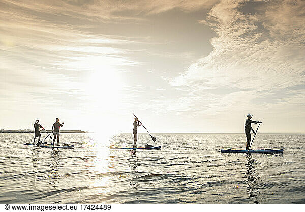 Female and male friends paddleboarding in sea during summer vacation
