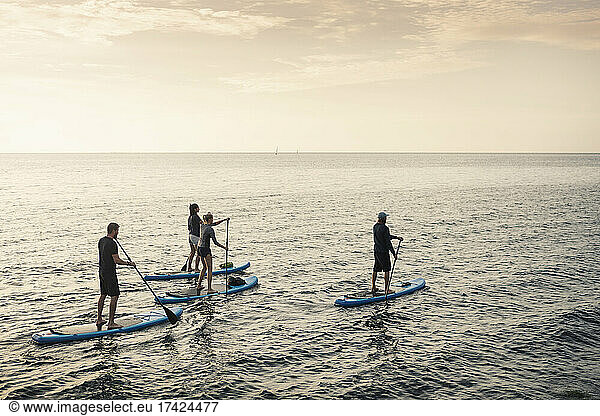 Female and male friends rowing paddleboard in sea