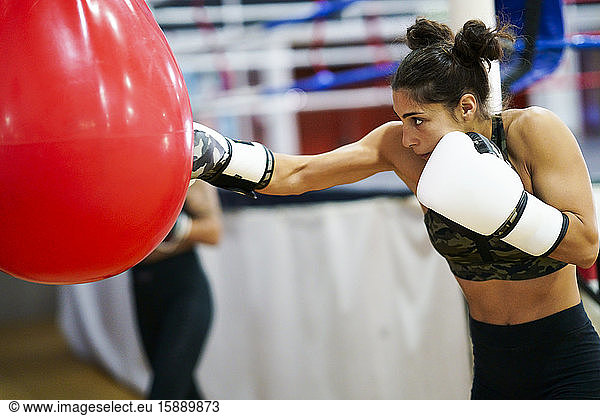 Female boxer training at punch bag in gym