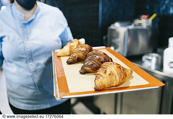 Female chef holding tray with freshly baked croissants at restaurant kitchen