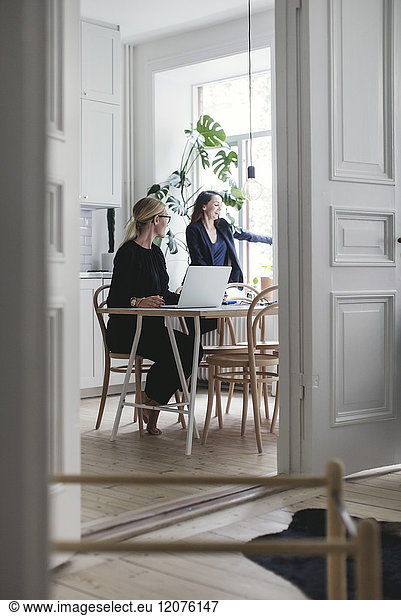Female colleagues by table seen through doorway at home