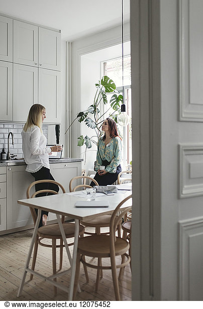 Female colleagues in kitchen seen through doorway at home