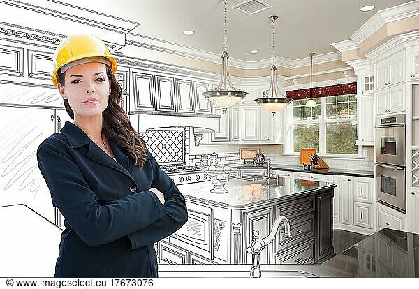 Female contractor over kitchen drawing gradating to photo