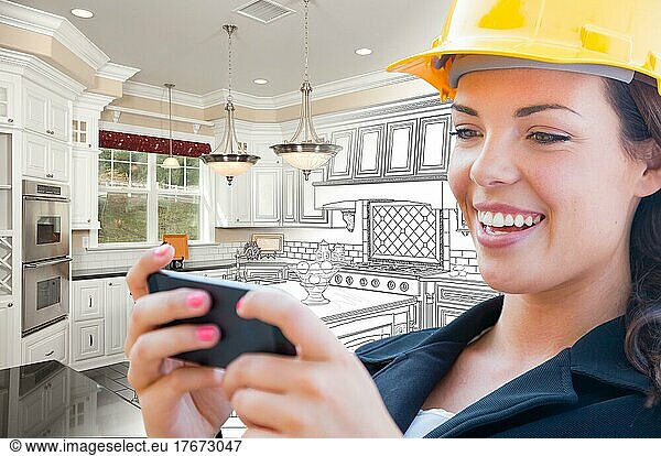 Female contractor using smart phone over kitchen drawing gradating to photo