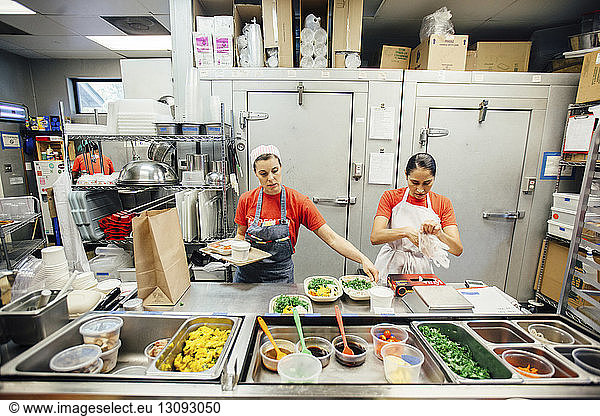 Female coworkers working in commercial kitchen