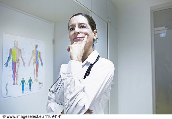 Female doctor thinking with hand on chin
