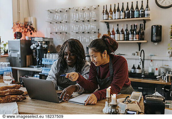 Female entrepreneurs discussing over laptop in coffee shop