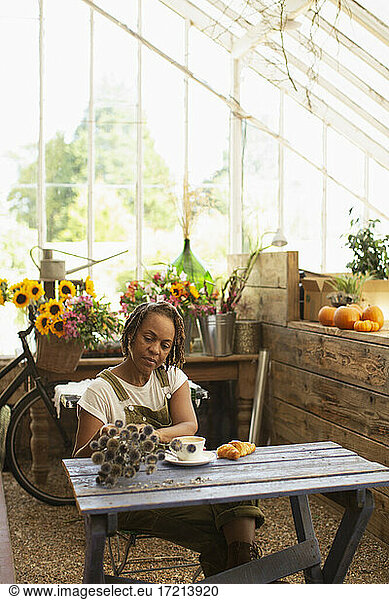 Female florist with dried flowers at table in greenhouse