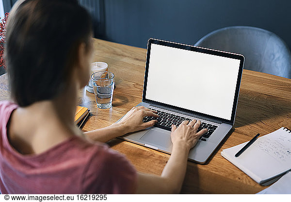 Female freelancer using laptop on desk in home office