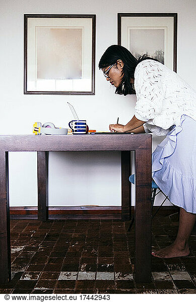 Female freelancer using laptop while standing at desk in home office