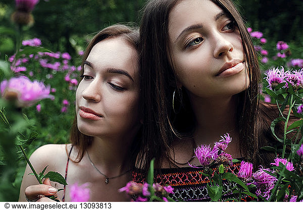 Female friends amidst flowering plants at field