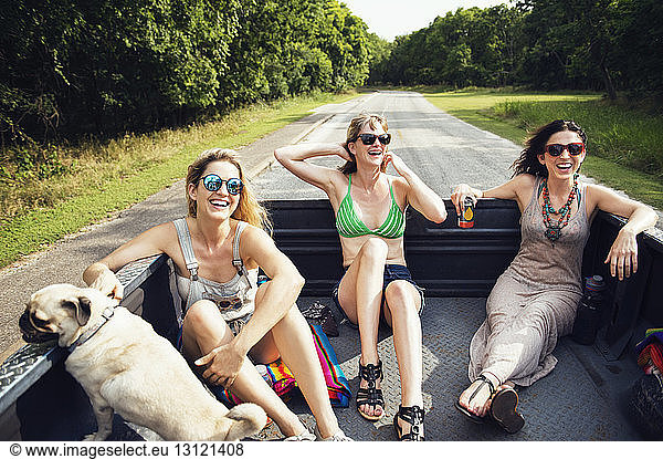 Female friends traveling in pick-up truck with pug