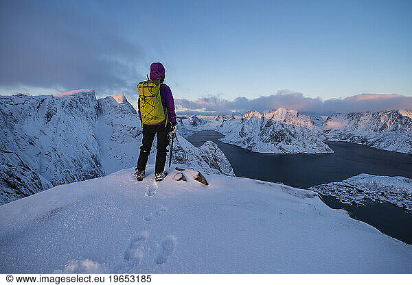Female hiker looking at view  Reinebringen  Moskenesoya  Lofoten  Norway