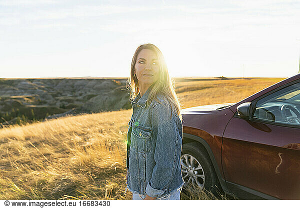 Female in Denim Enjoying Country Sunset in Rural Alberta