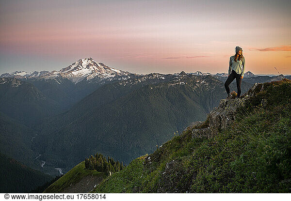 Female posing in the Glacier Peak Wilderness at Sunset