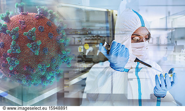Female scientist researching coronavirus in laboratory