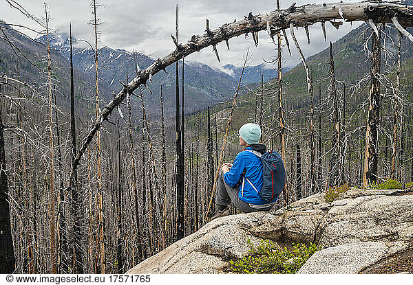 Female sitting on a ledge surrounded by dead burned trees