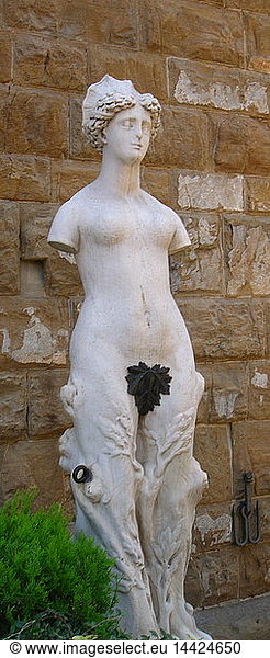Female Statue in the Palazzo Vecchio at Piazza della Signoria Florence  Italy. A woman  missing her arms  with foliage growing up her legs  and a leave preserving her modesty.