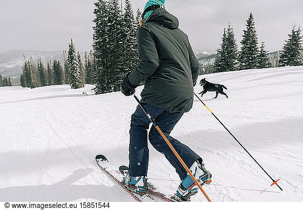 Female telemark skier skiing with dog