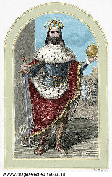 Ferdinand III. von Kastilien (ca. 1198-1252). König von Kastilien und Leon. Kolorierter Kupferstich. 19. Jahrhundert.