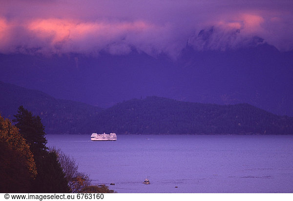 Ferry at Sunset towards Howe Sound along the Sunshine Coast,  Gibsons,  British Columbia