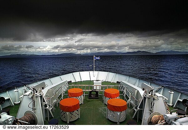Ferry  Caledonian MacBrayne  Hebridean ferry  Ferry Uig (Isle of Skye)  Tabert (Isle of Harris)  car ferry  bow  grey sky  dramatic sky  Outer Hebrides  Western Isles  Hebrides  Scotland  Great Britain